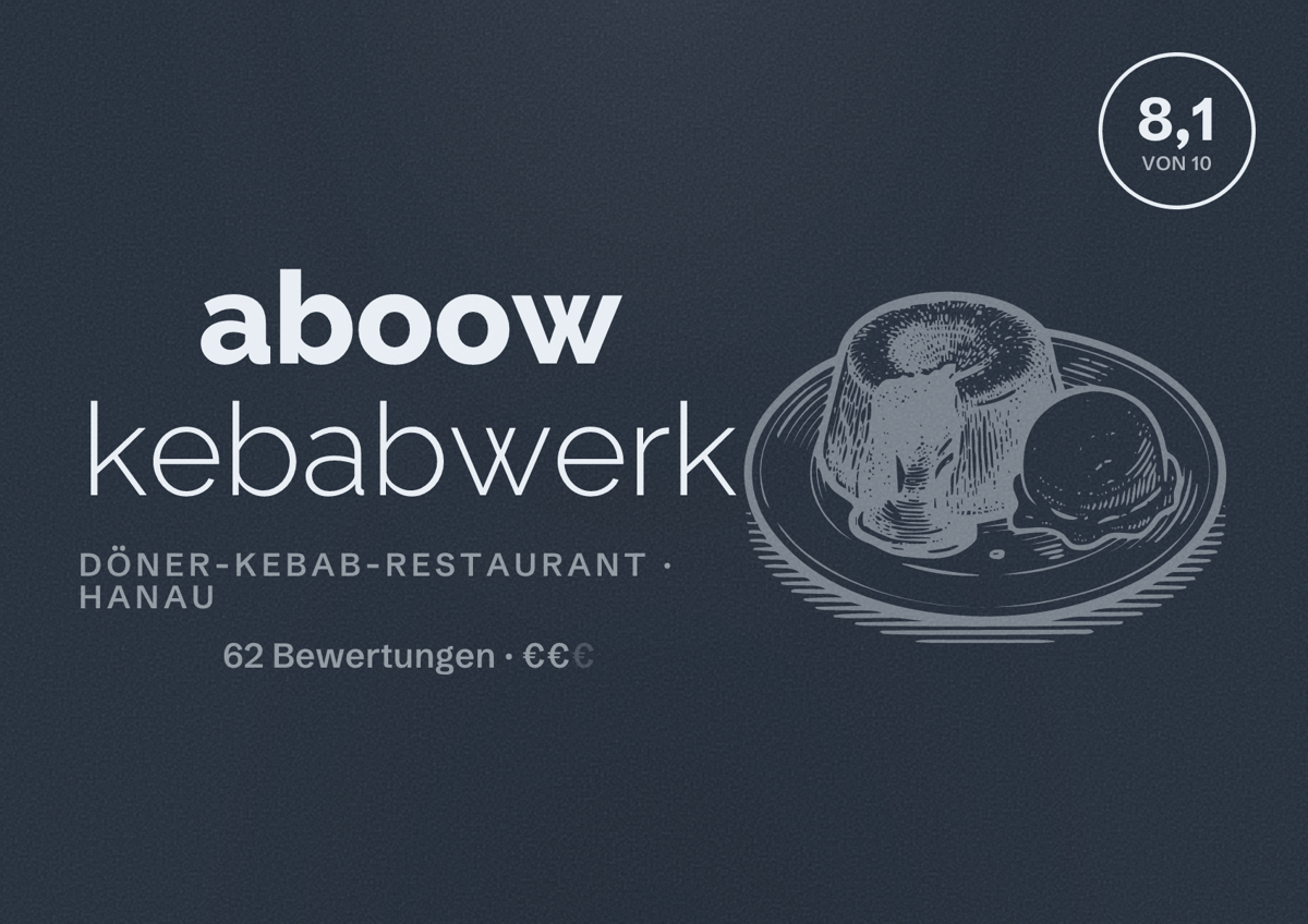 Illustriertes Poster von aboow kebabwerk, Döner-Kebab-Restaurant in Hanau: Bewertung 8,1 von 10 aus 62 Bewertungen, Preisniveau €€
