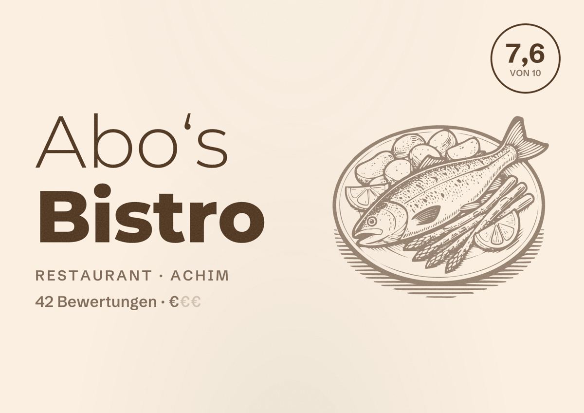 Illustriertes Poster von Abo‘s Bistro, Restaurant in Achim: Bewertung 7,6 von 10 aus 42 Bewertungen, Preisniveau €