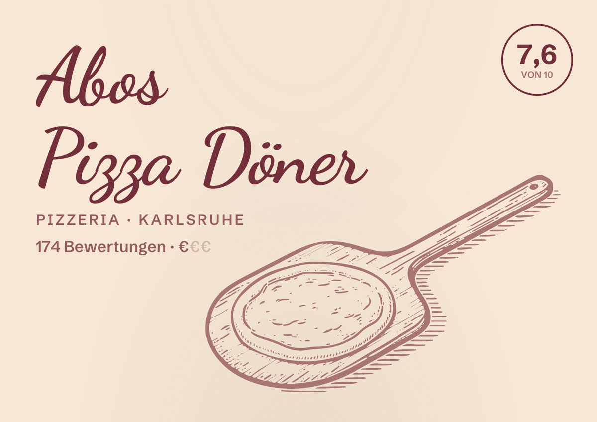 Illustriertes Poster von Abos Pizza Döner, Pizzeria in Karlsruhe: Bewertung 7,6 von 10 aus 174 Bewertungen, Preisniveau €