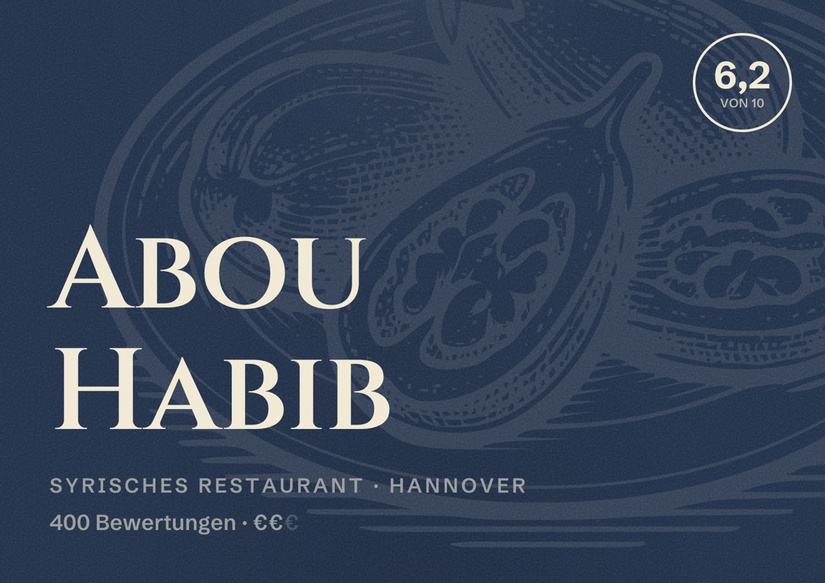 Illustriertes Poster von Abou Habib, Syrisches Restaurant in Hannover: Bewertung 6,2 von 10 aus 400 Bewertungen, Preisniveau €€