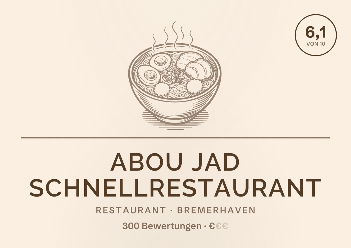 Illustriertes Poster von Abou Jad Schnellrestaurant, Restaurant in Bremerhaven: Bewertung 6,1 von 10 aus 300 Bewertungen, Preisniveau €