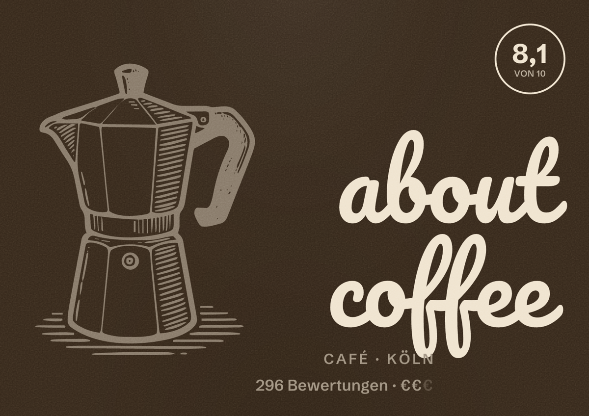 Illustriertes Poster von about coffee, Café in Köln: Bewertung 8,1 von 10 aus 296 Bewertungen, Preisniveau €€