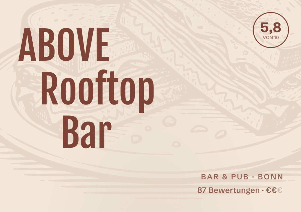 Illustriertes Poster von ABOVE Rooftop Bar, Bar & Pub in Bonn: Bewertung 5,8 von 10 aus 87 Bewertungen, Preisniveau €€