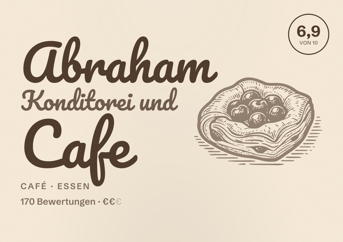 Illustriertes Poster von Abraham Konditorei und Cafe, Café in Essen: Bewertung 6,9 von 10 aus 170 Bewertungen, Preisniveau €€