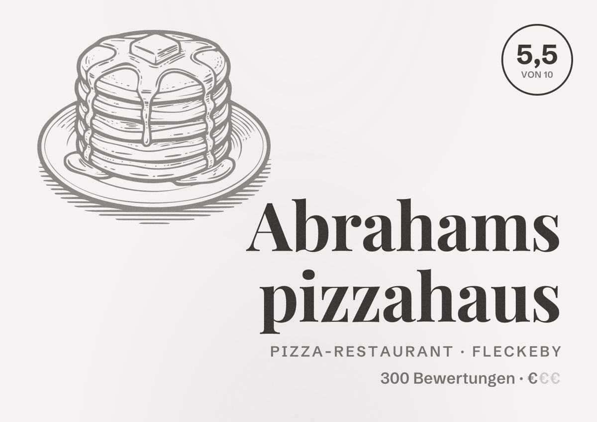 Illustriertes Poster von Abrahams pizzahaus, Pizza-Restaurant in Fleckeby: Bewertung 5,5 von 10 aus 300 Bewertungen, Preisniveau €