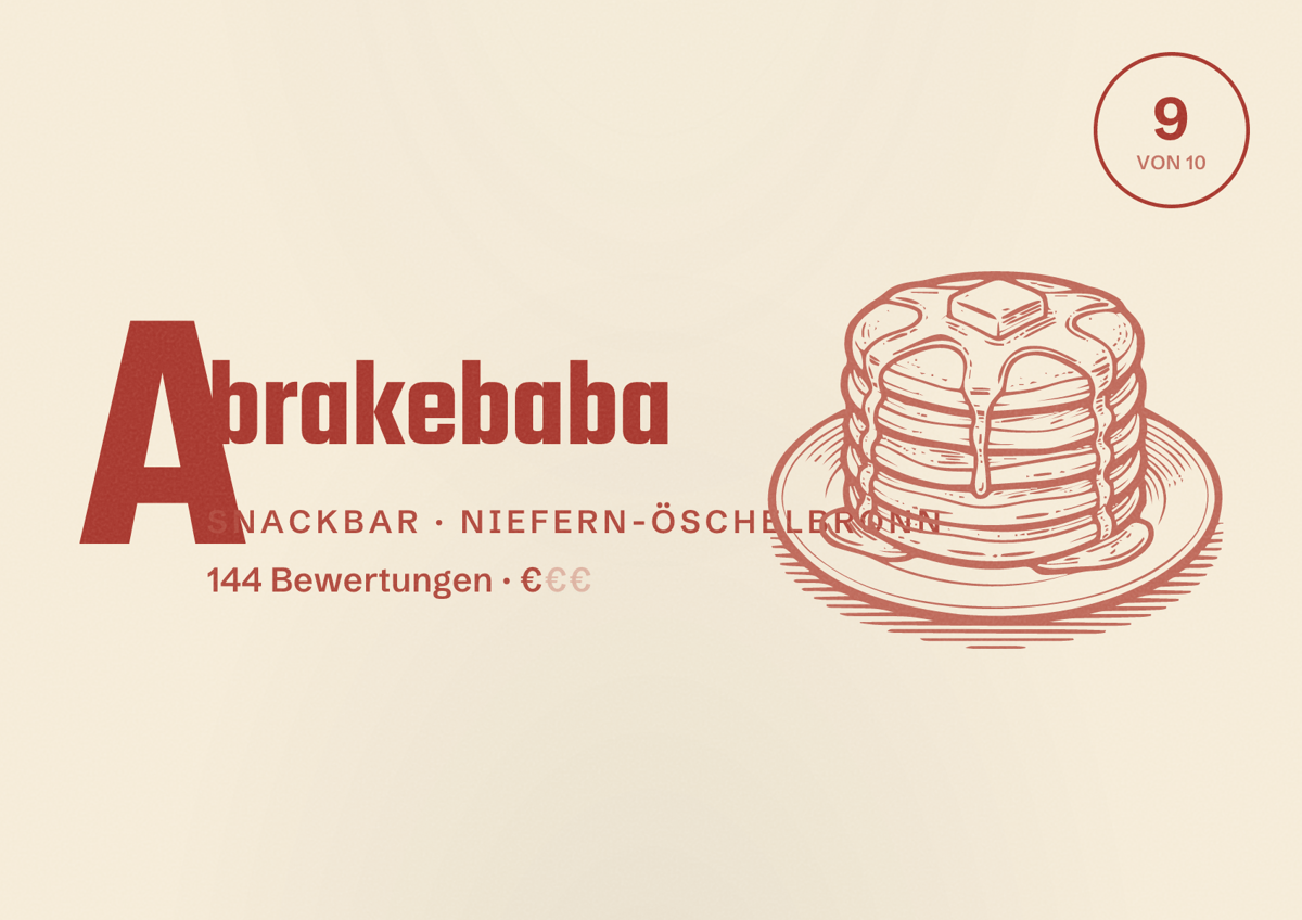 Illustriertes Poster von Abrakebaba, Snackbar in Niefern-Öschelbronn: Bewertung 9 von 10 aus 144 Bewertungen, Preisniveau €