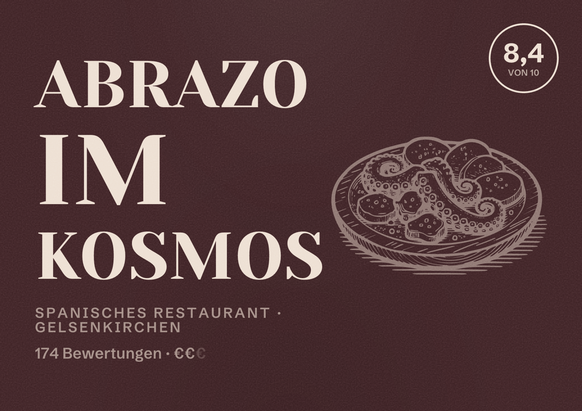 Illustriertes Poster von Abrazo Im Kosmos, Spanisches Restaurant in Gelsenkirchen: Gästebewertung 8,4 von 10 aus 174 Bewertungen