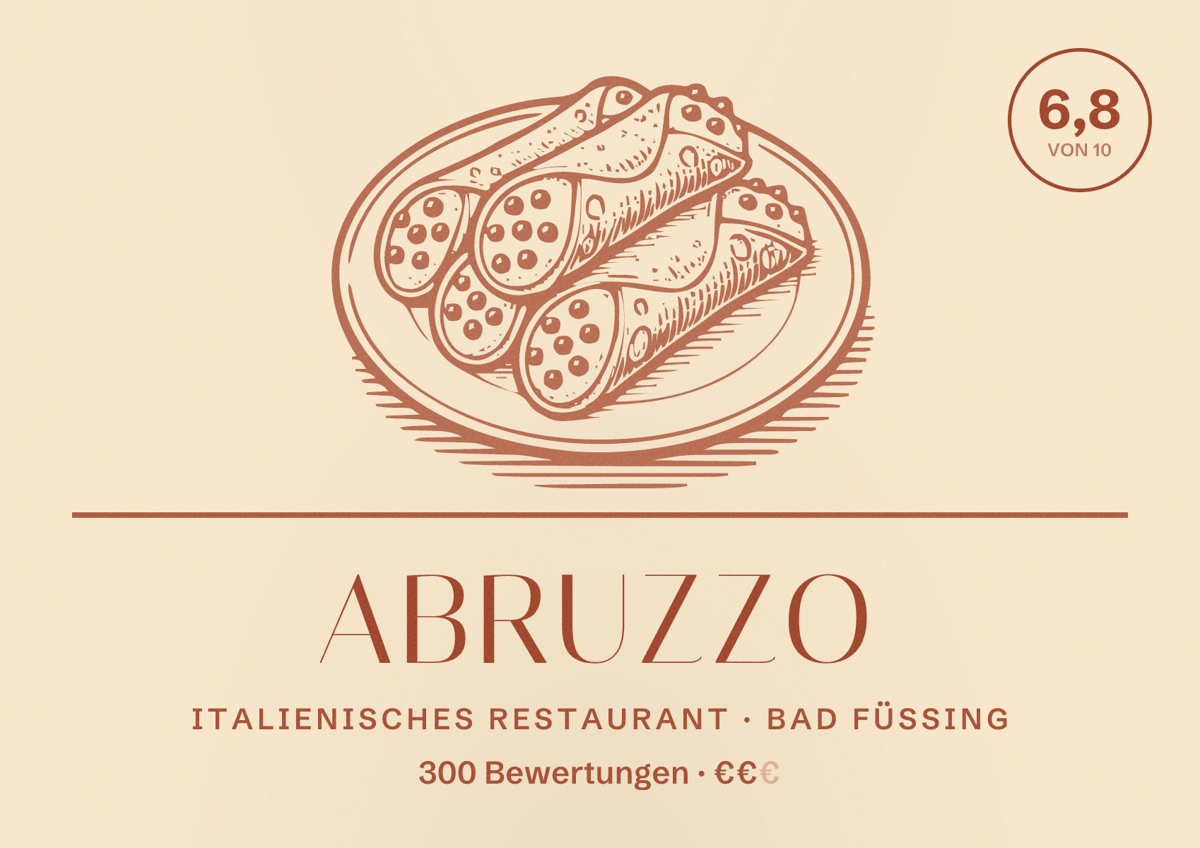 Illustriertes Poster von Abruzzo, Italienisches Restaurant in Bad Füssing: Bewertung 6,8 von 10 aus 300 Bewertungen, Preisniveau €€
