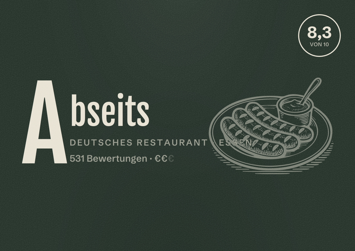 Illustriertes Poster von Abseits, Deutsches Restaurant in Essen: Bewertung 8,3 von 10 aus 531 Bewertungen, Preisniveau €€