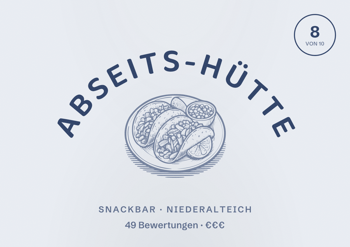 Illustriertes Poster von ABSEITS-HÜTTE, Snackbar in Niederalteich: Bewertung 8 von 10 aus 49 Bewertungen, Preisniveau €€€