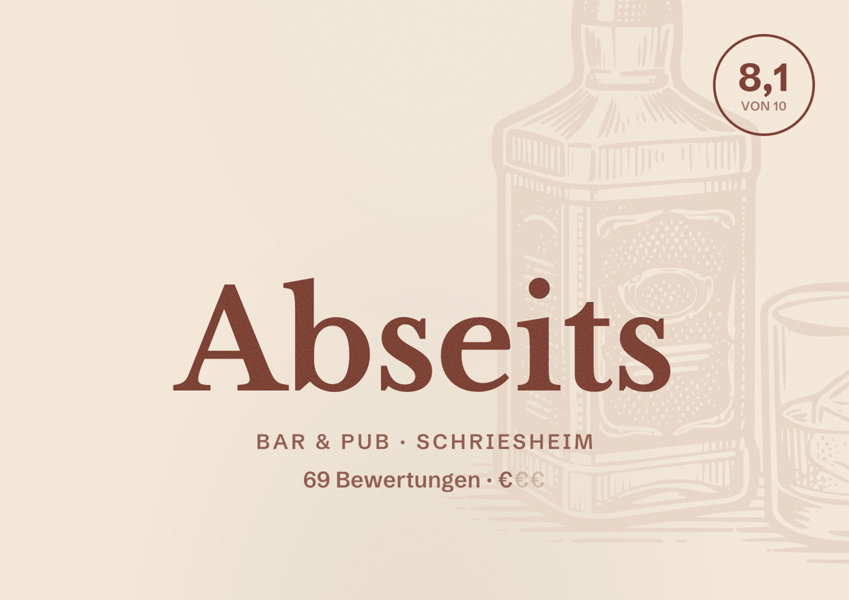 Illustriertes Poster von Abseits, Bar & Pub in Schriesheim: Bewertung 8,1 von 10 aus 69 Bewertungen, Preisniveau €