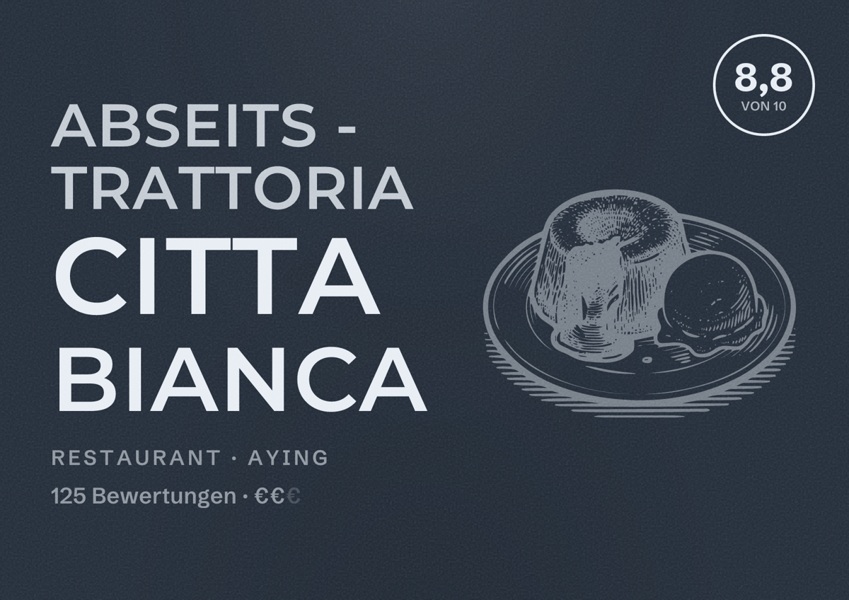 Illustriertes Poster von Abseits - Trattoria Citta Bianca, Restaurant in Aying: Bewertung 8,8 von 10 aus 125 Bewertungen, Preisniveau €€
