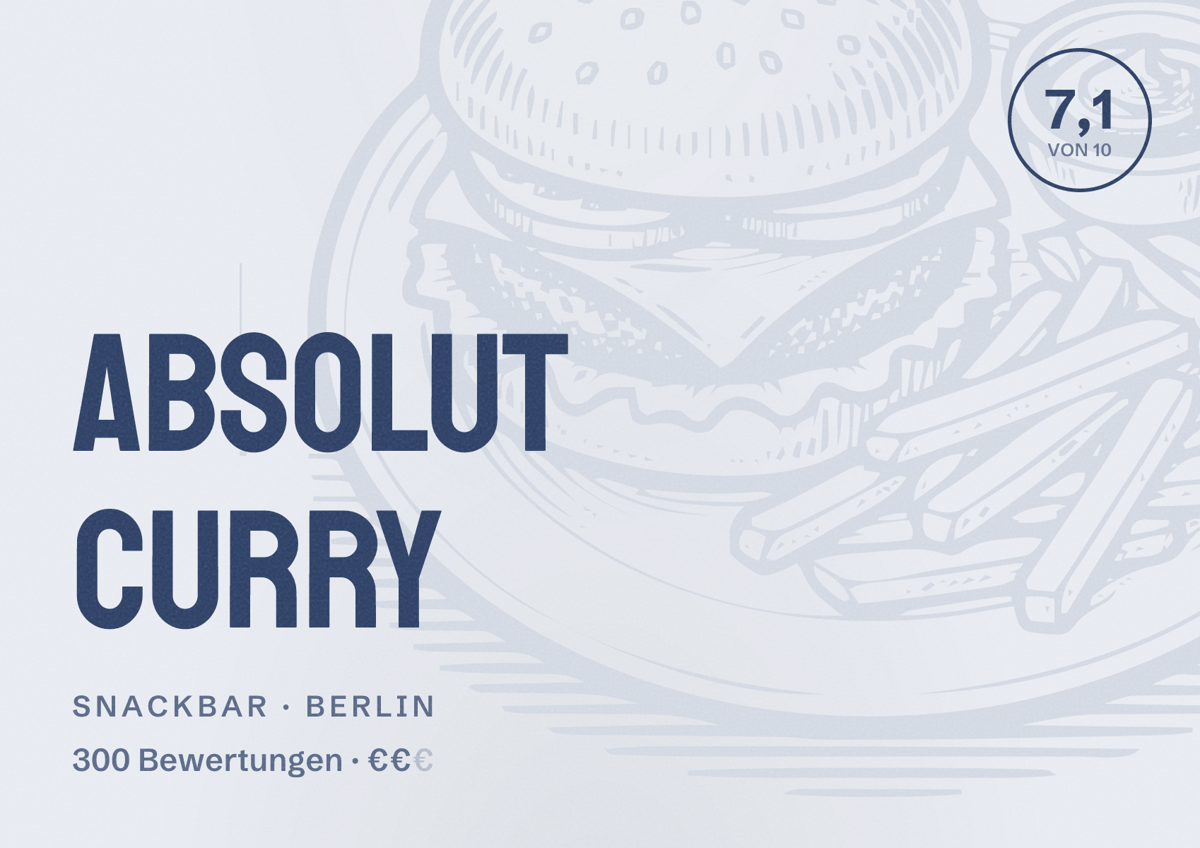 Illustriertes Poster von Absolut Curry, Snackbar in Berlin: Bewertung 7,1 von 10 aus 300 Bewertungen, Preisniveau €€