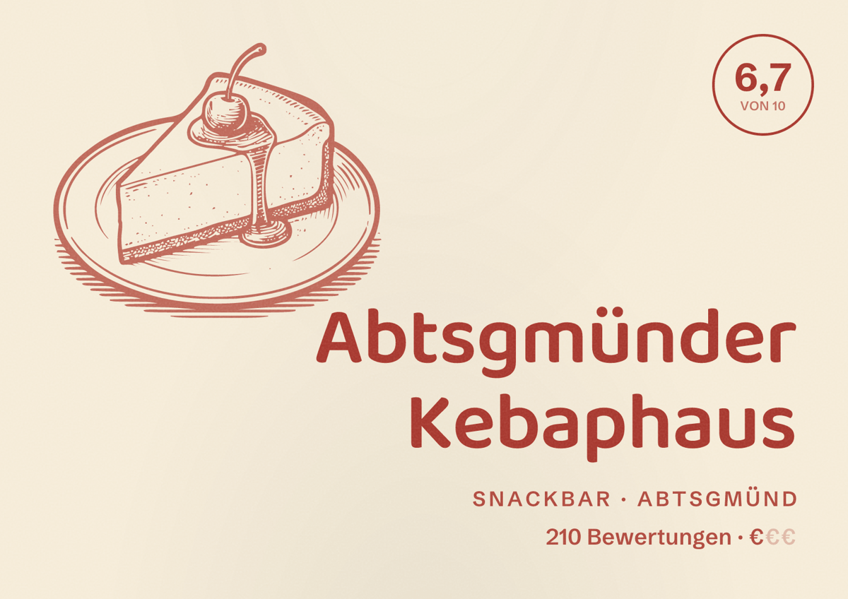 Illustriertes Poster von Abtsgmünder Kebaphaus, Snackbar in Abtsgmünd: Bewertung 6,7 von 10 aus 210 Bewertungen, Preisniveau €