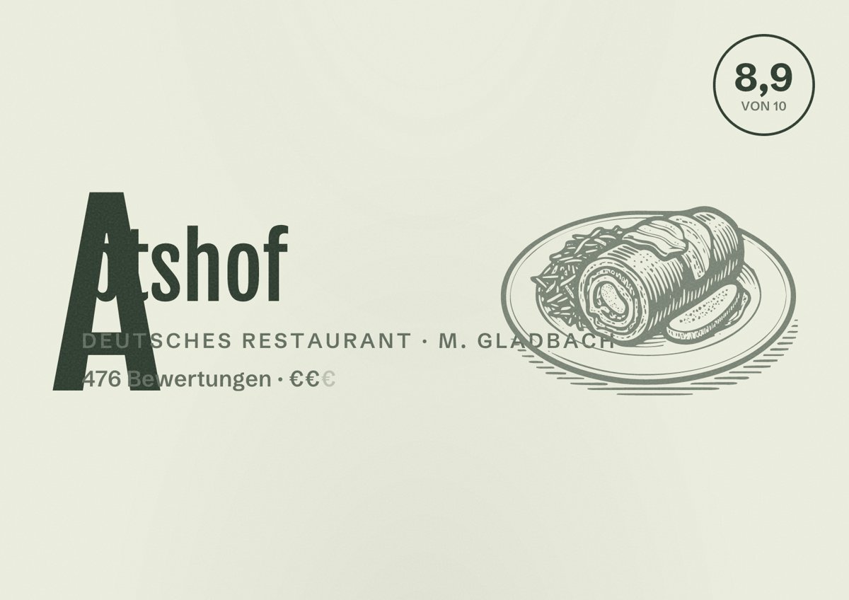 Illustriertes Poster von Abtshof, Deutsches Restaurant in M. Gladbach: Bewertung 8,9 von 10 aus 476 Bewertungen, Preisniveau €€