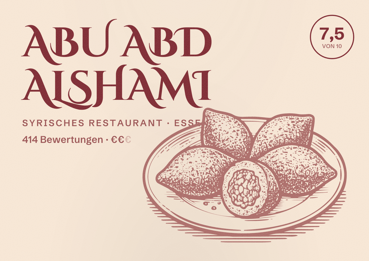 Illustriertes Poster von Abu Abd AlShami, Syrisches Restaurant in Essen: Bewertung 7,5 von 10 aus 414 Bewertungen, Preisniveau €€