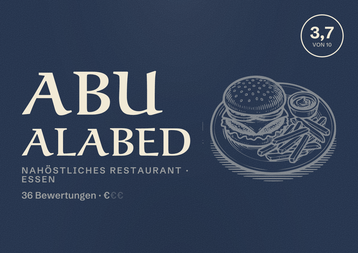 Illustriertes Poster von ABU ALABED, Nahöstliches Restaurant in Essen: Bewertung 3,7 von 10 aus 36 Bewertungen, Preisniveau €