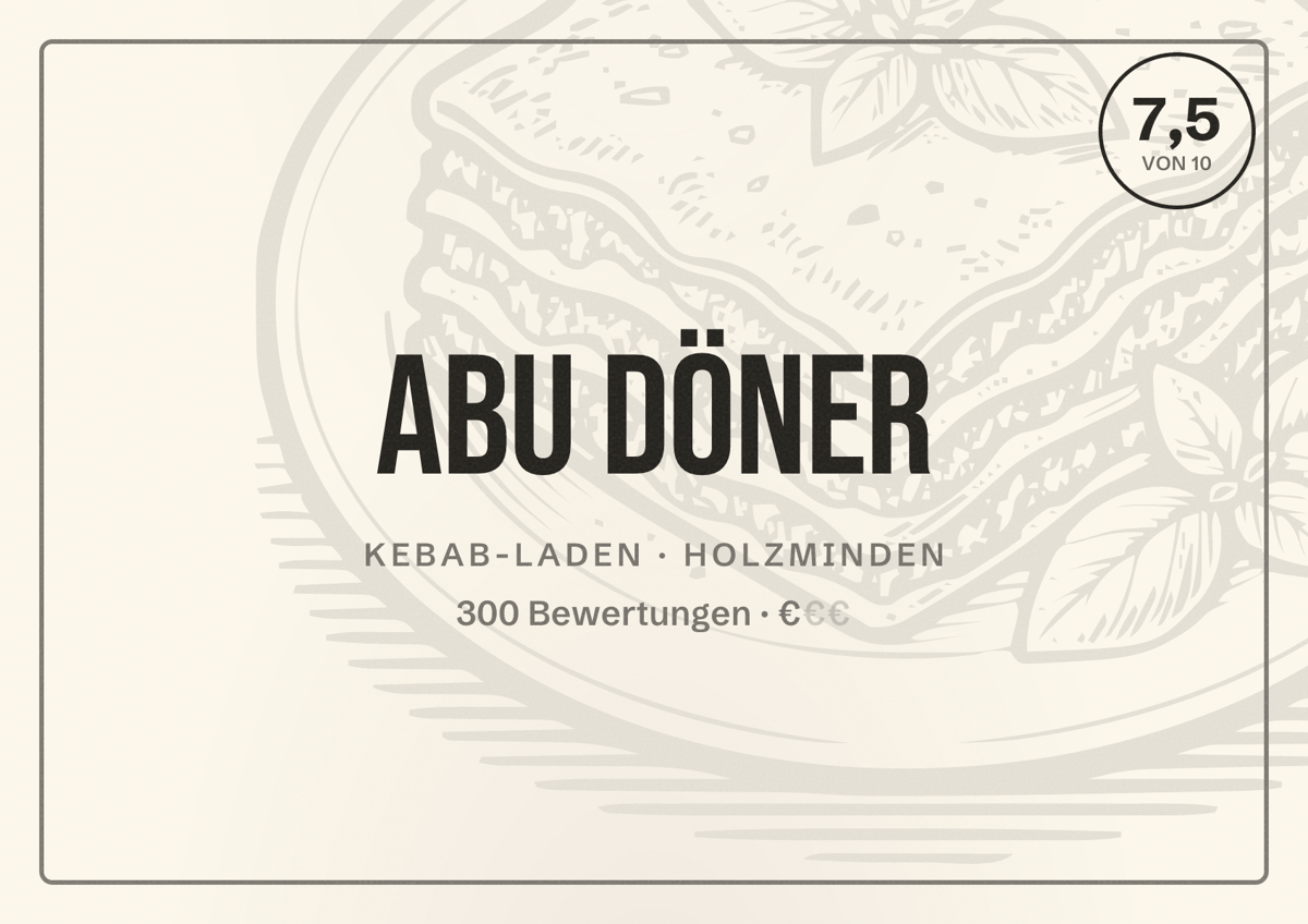 Illustriertes Poster von Abu Döner, Kebab-Laden in Holzminden: Bewertung 7,5 von 10 aus 300 Bewertungen, Preisniveau €
