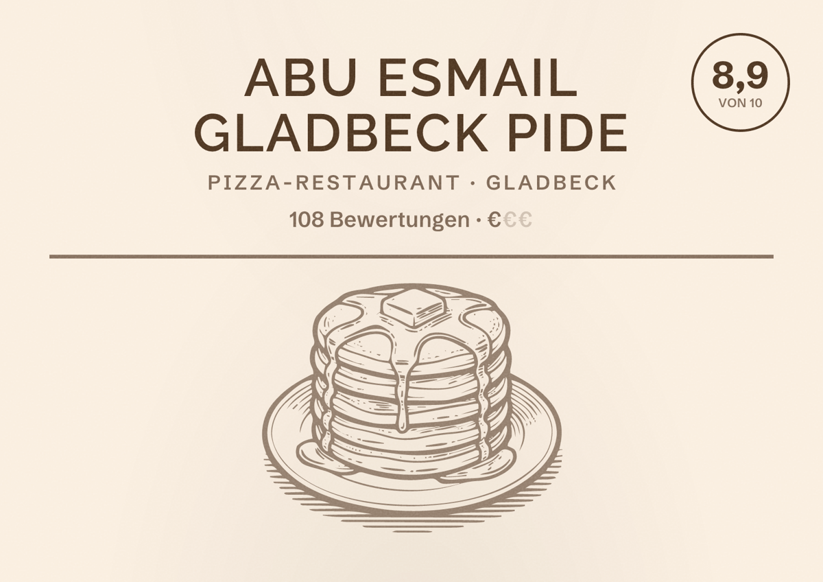 Illustriertes Poster von Abu Esmail Gladbeck pide, Pizza-Restaurant in Gladbeck: Bewertung 8,9 von 10 aus 108 Bewertungen, Preisniveau €