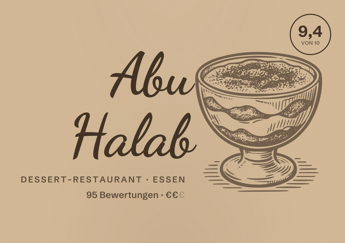 Illustriertes Poster von Abu Halab, Dessert-Restaurant in Essen: Bewertung 9,4 von 10 aus 95 Bewertungen, Preisniveau €€