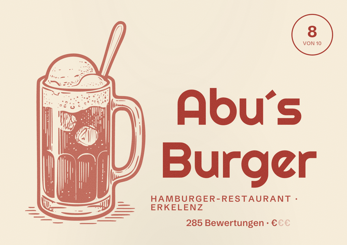 Illustriertes Poster von Abu´s Burger, Hamburger-Restaurant in Erkelenz: Bewertung 8 von 10 aus 285 Bewertungen, Preisniveau €
