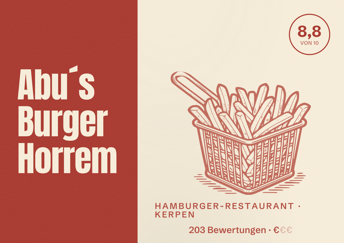 Illustriertes Poster von Abu´s Burger Horrem, Hamburger-Restaurant in Kerpen: Bewertung 8,8 von 10 aus 203 Bewertungen, Preisniveau €