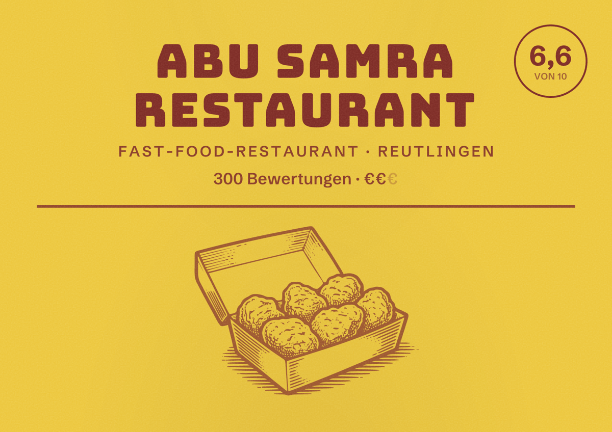 Illustriertes Poster von Abu Samra Restaurant, Fast-Food-Restaurant in Reutlingen: Bewertung 6,6 von 10 aus 300 Bewertungen, Preisniveau €€