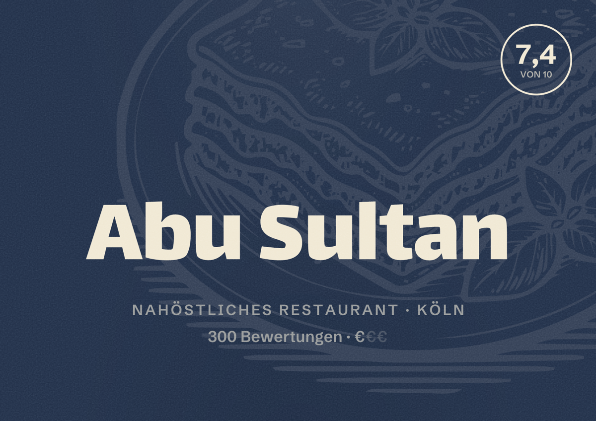 Illustriertes Poster von Abu Sultan, Nahöstliches Restaurant in Köln: Bewertung 7,4 von 10 aus 300 Bewertungen, Preisniveau €