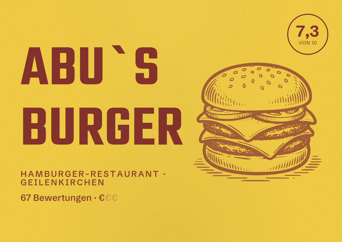Illustriertes Poster von Abu`s Burger, Hamburger-Restaurant in Geilenkirchen: Bewertung 7,3 von 10 aus 67 Bewertungen, Preisniveau €