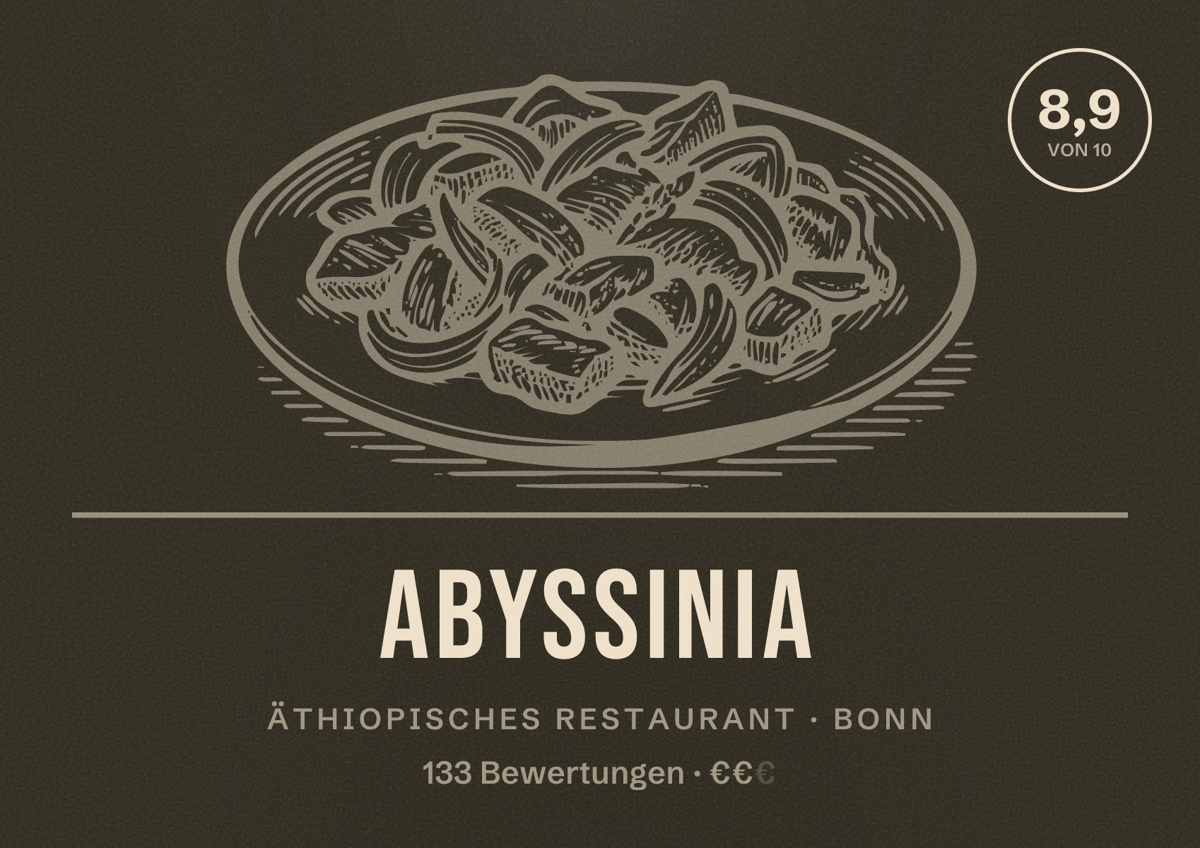 Illustriertes Poster von Abyssinia, Äthiopisches Restaurant in Bonn: Gästebewertung 8,9 von 10 aus 133 Bewertungen