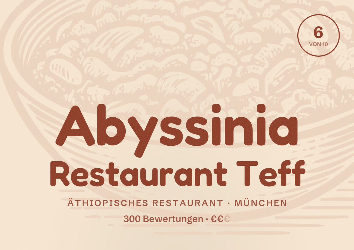 Illustriertes Poster von Abyssinia Restaurant Teff, Äthiopisches Restaurant in München: Bewertung 6,0 von 10 aus 300 Bewertungen, Preisniveau €€
