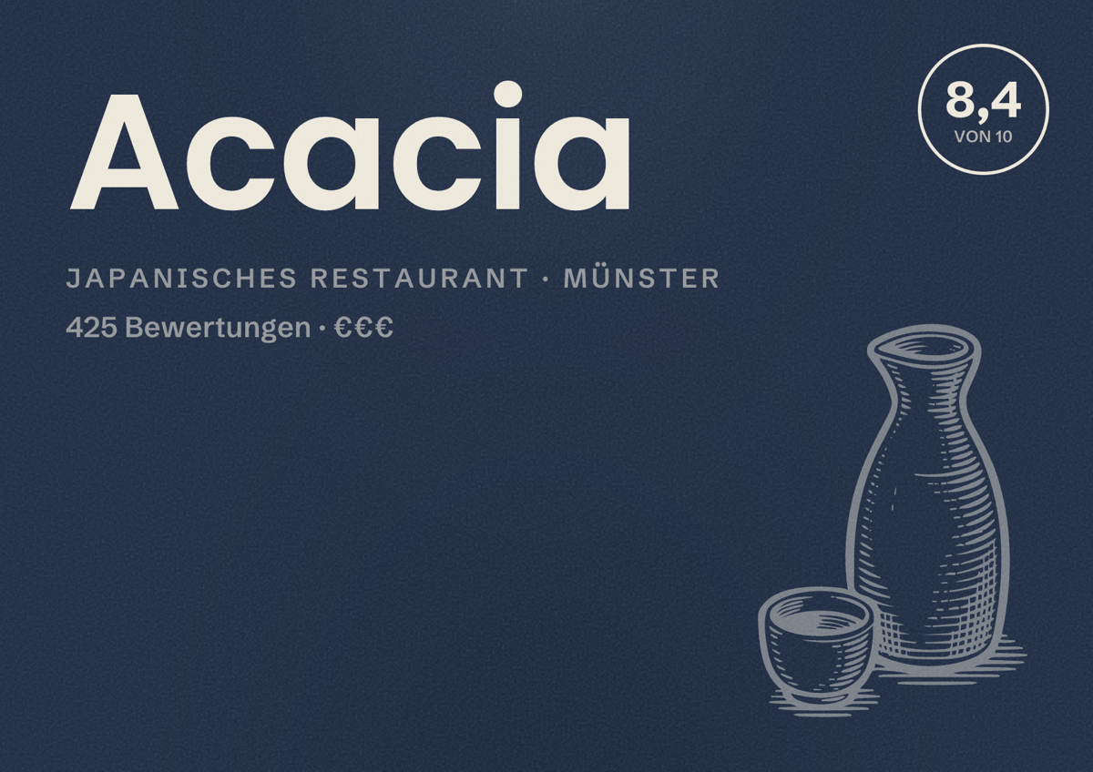 Illustriertes Poster von Acacia, Japanisches Restaurant in Münster: Bewertung 8,4 von 10 aus 425 Bewertungen, Preisniveau €€€