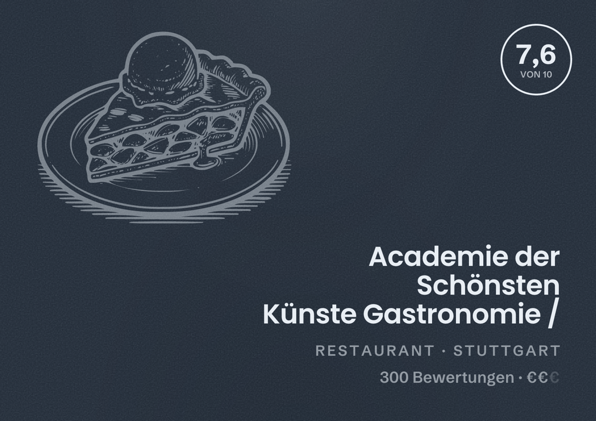 Illustriertes Poster von Academie der Schönsten Künste Gastronomie /, Restaurant in Stuttgart: Bewertung 7,6 von 10 aus 300 Bewertungen, Preisniveau €€