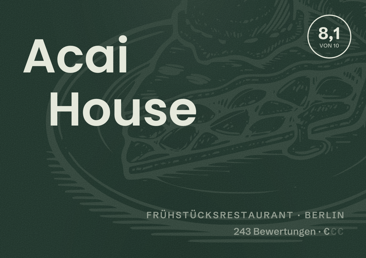 Illustriertes Poster von Acai House, Frühstücksrestaurant in Berlin: Bewertung 8,1 von 10 aus 243 Bewertungen, Preisniveau €