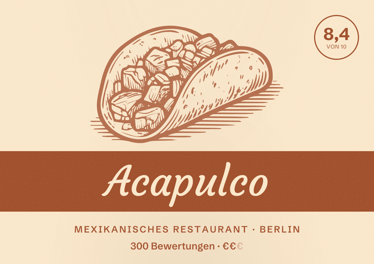 Illustriertes Poster von Acapulco, Mexikanisches Restaurant in Berlin: Bewertung 8,4 von 10 aus 300 Bewertungen, Preisniveau €€