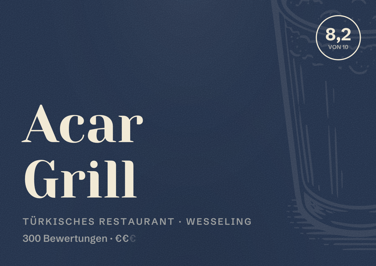 Illustriertes Poster von Acar Grill, Türkisches Restaurant in Wesseling: Bewertung 8,2 von 10 aus 300 Bewertungen, Preisniveau €€