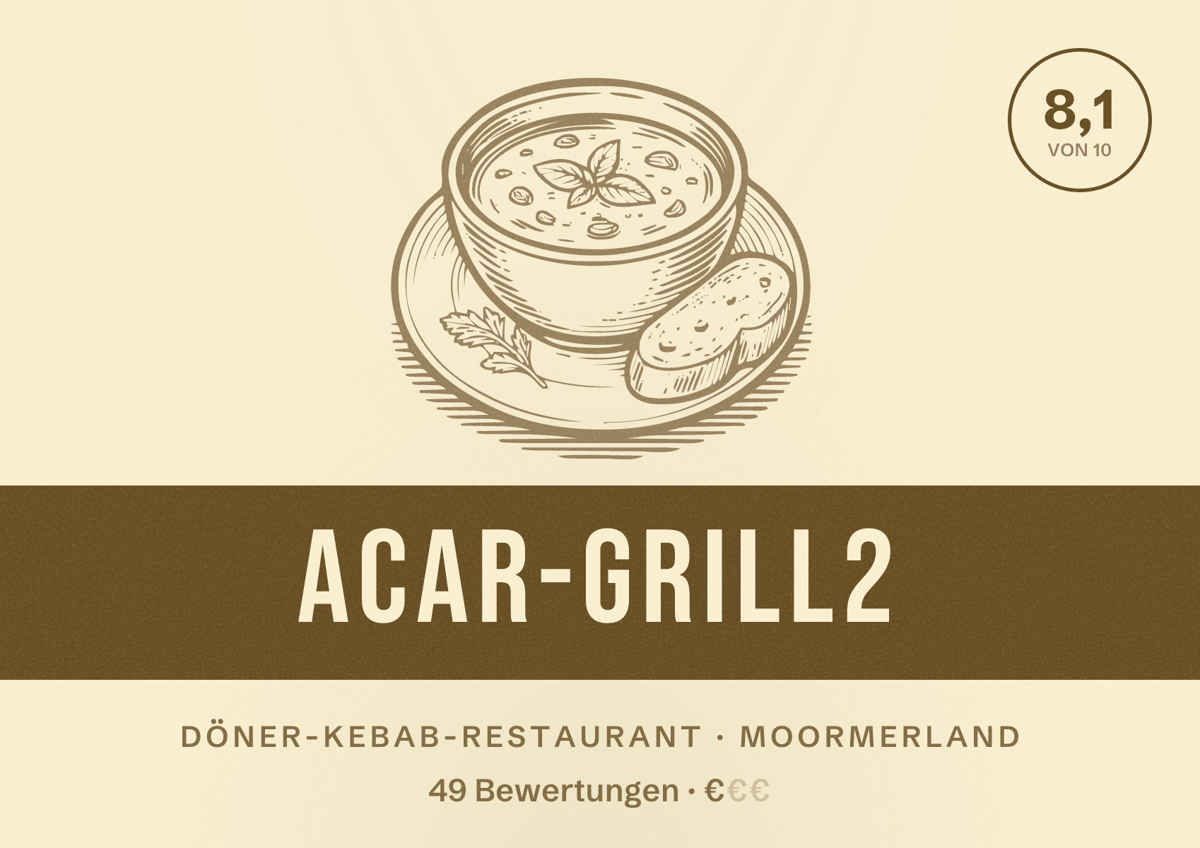Illustriertes Poster von ACAR-GRILL2, Döner-Kebab-Restaurant in Moormerland: Bewertung 8,1 von 10 aus 49 Bewertungen, Preisniveau €
