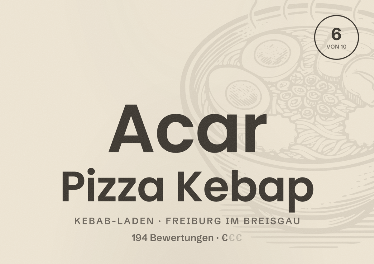 Illustriertes Poster von Acar Pizza Kebap, Kebab-Laden in Freiburg im Breisgau: Bewertung 6,0 von 10 aus 194 Bewertungen, Preisniveau €