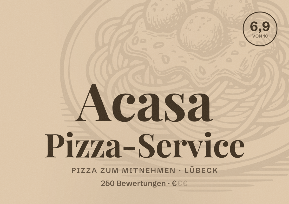 Illustriertes Poster von Acasa Pizza-Service, Pizza zum Mitnehmen in Lübeck: Bewertung 6,9 von 10 aus 250 Bewertungen, Preisniveau €