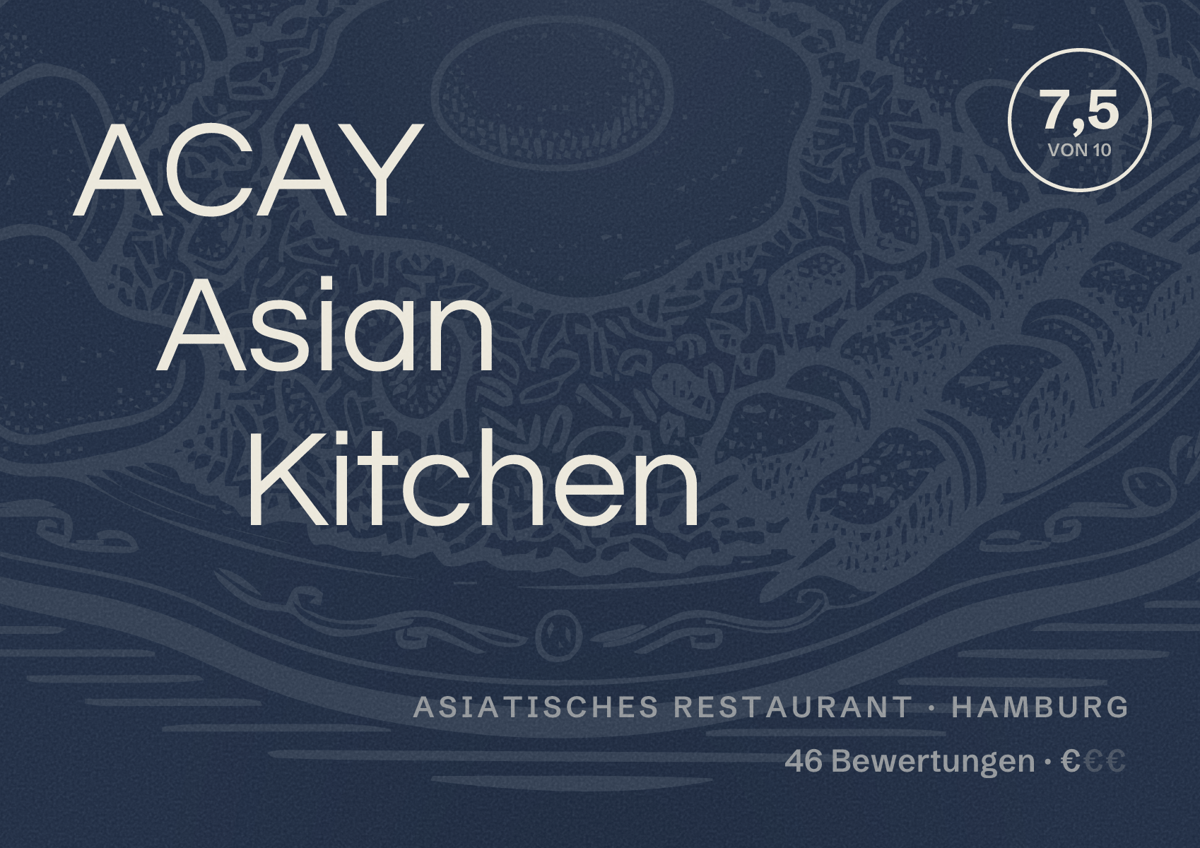 Illustriertes Poster von ACAY Asian Kitchen, Asiatisches Restaurant in Hamburg: Bewertung 7,5 von 10 aus 46 Bewertungen, Preisniveau €