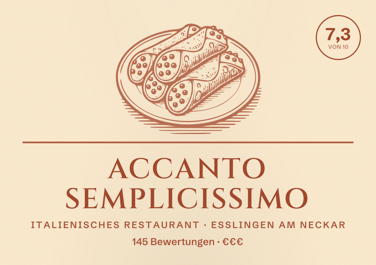 Illustriertes Poster von Accanto Semplicissimo, Italienisches Restaurant in Esslingen am Neckar: Bewertung 7,3 von 10 aus 145 Bewertungen, Preisniveau €€€