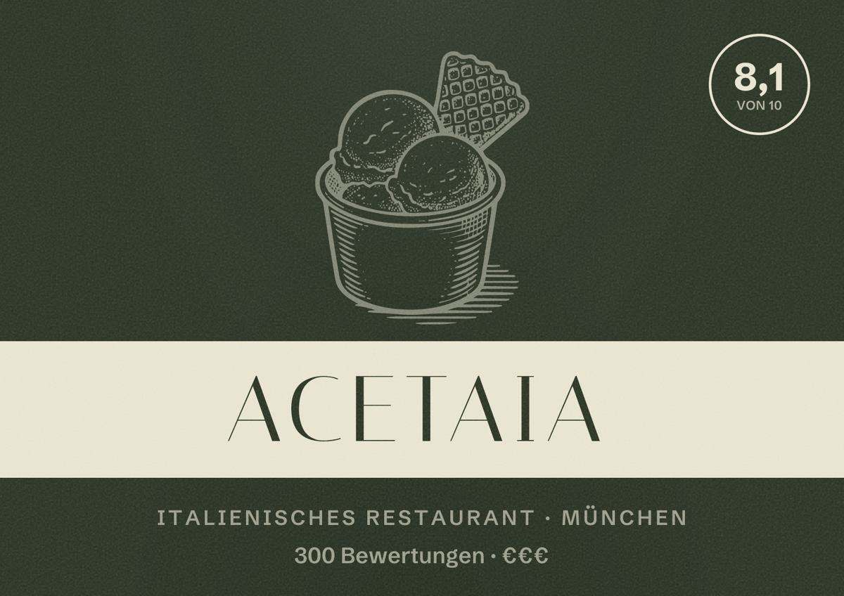 Illustriertes Poster von Acetaia, Italienisches Restaurant in München: Bewertung 8,1 von 10 aus 300 Bewertungen, Preisniveau €€€