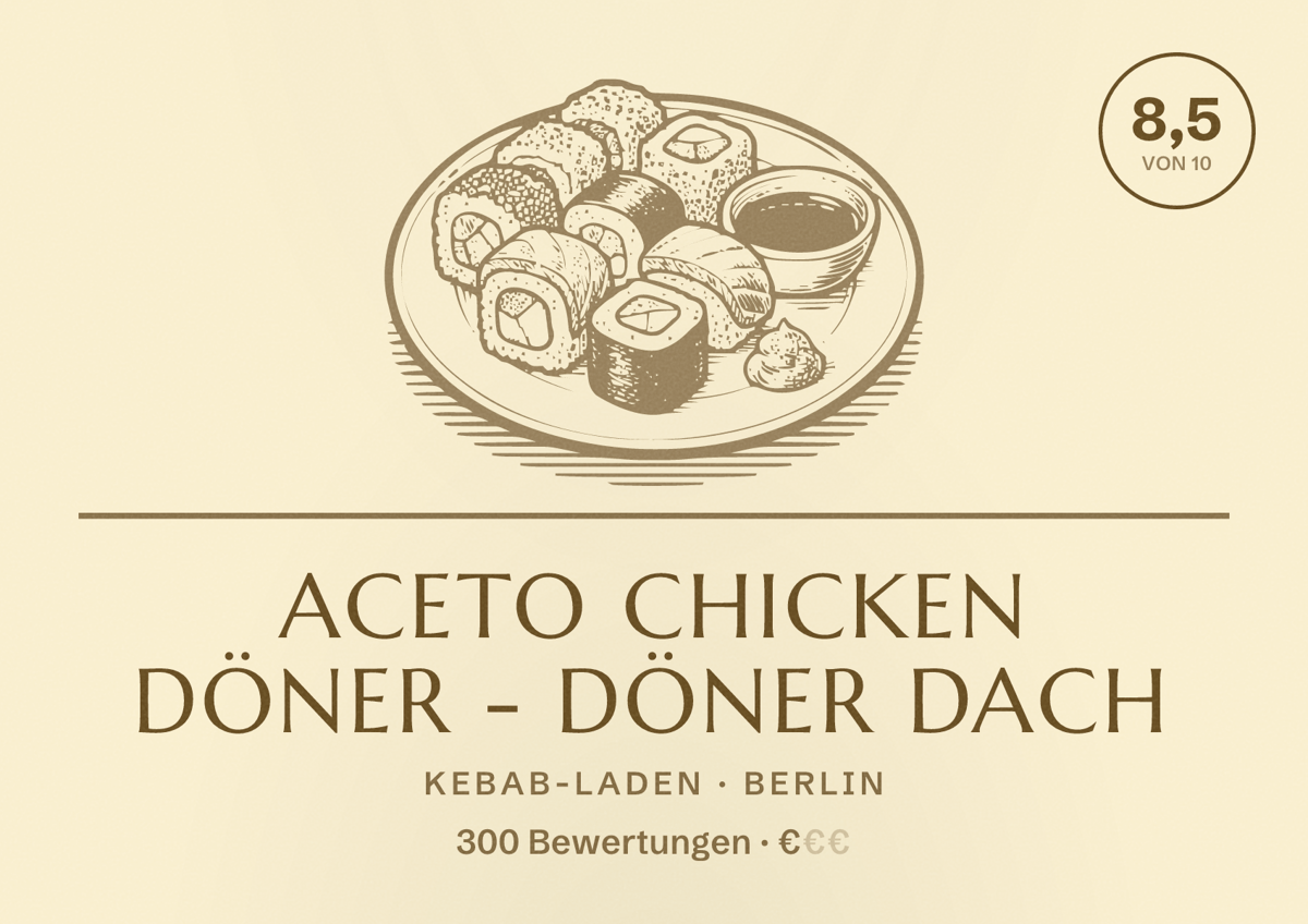 Illustriertes Poster von ACETO CHICKEN DÖNER - Döner Dach, Kebab-Laden in Berlin: Bewertung 8,5 von 10 aus 300 Bewertungen, Preisniveau €