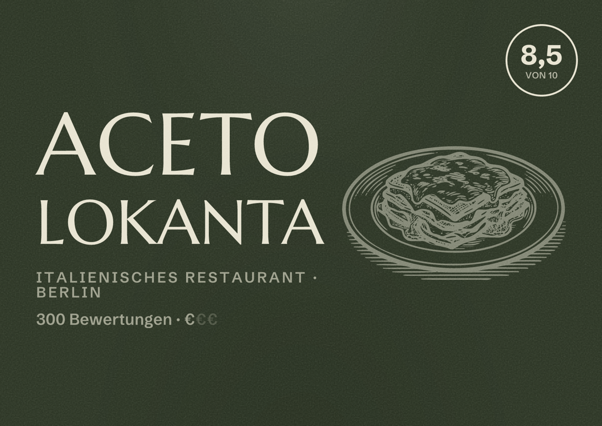 Illustriertes Poster von Aceto Lokanta, Italienisches Restaurant in Berlin: Bewertung 8,5 von 10 aus 300 Bewertungen, Preisniveau €