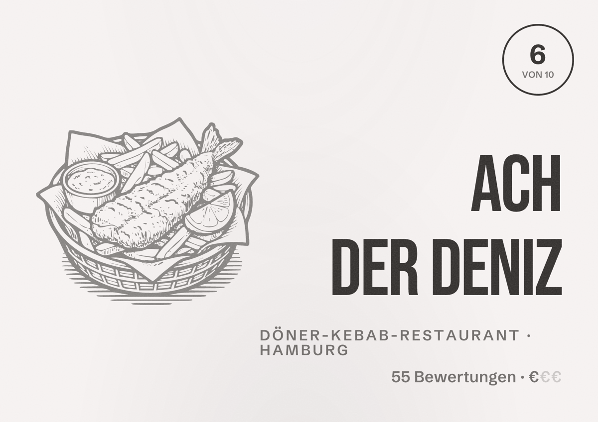 Illustriertes Poster von Ach der Deniz, Döner-Kebab-Restaurant in Hamburg: Bewertung 6 von 10 aus 55 Bewertungen, Preisniveau €