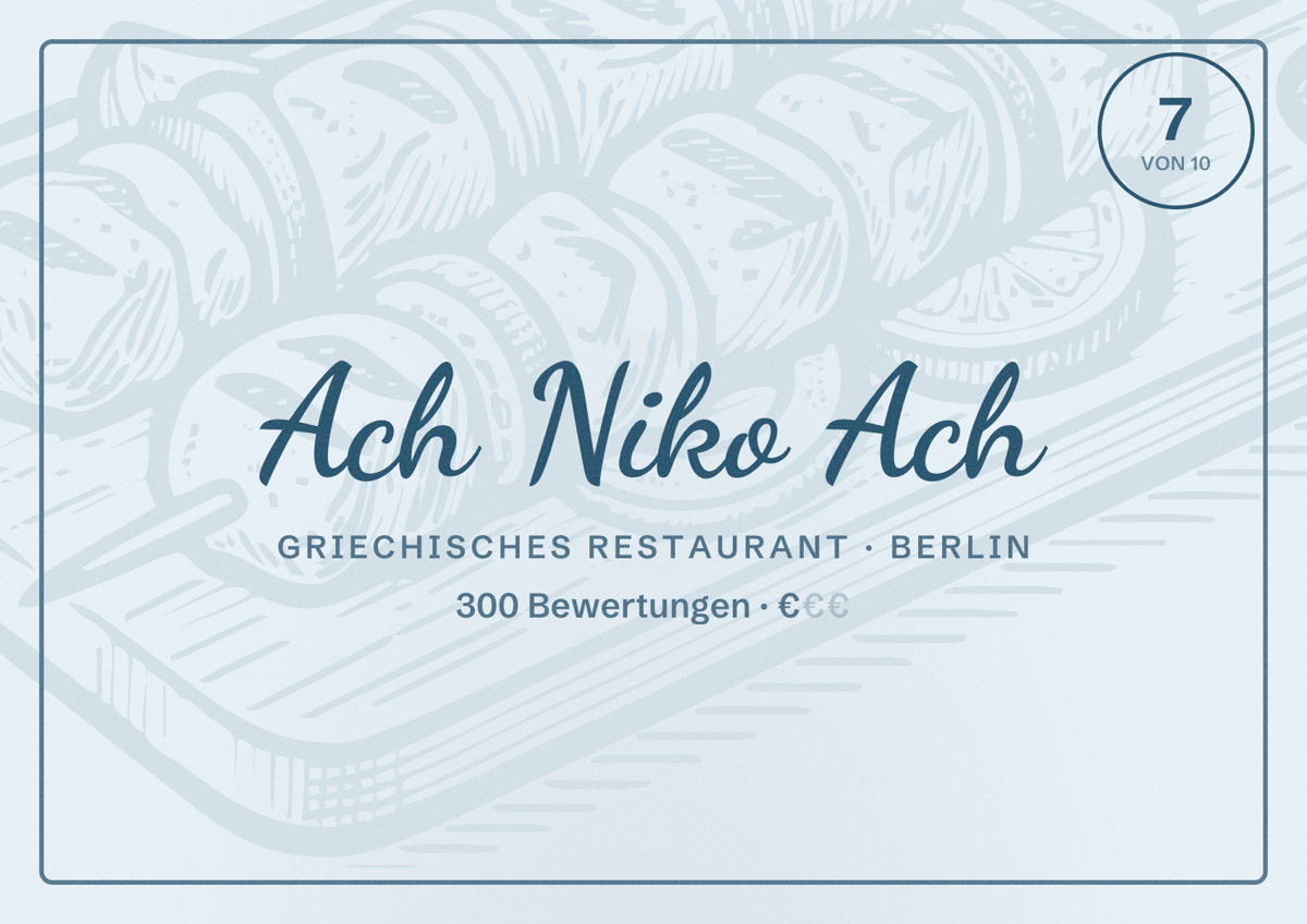 Illustriertes Poster von Ach Niko Ach, Griechisches Restaurant in Berlin: Bewertung 7,0 von 10 aus 300 Bewertungen, Preisniveau €