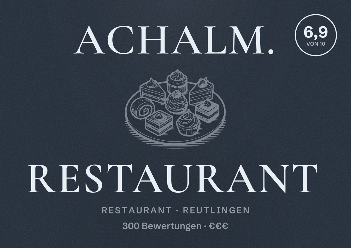 Illustriertes Poster von Achalm. Restaurant, Restaurant in Reutlingen: Bewertung 6,9 von 10 aus 300 Bewertungen, Preisniveau €€€