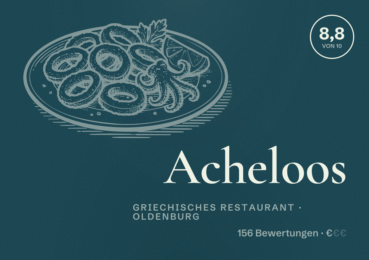Illustriertes Poster von Acheloos, Griechisches Restaurant in Oldenburg: Bewertung 8,8 von 10 aus 156 Bewertungen, Preisniveau €