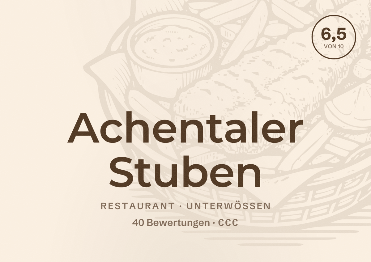 Illustriertes Poster von Achentaler Stuben, Restaurant in Unterwössen: Bewertung 6,5 von 10 aus 40 Bewertungen, Preisniveau €€€