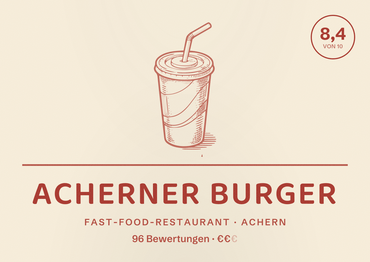 Illustriertes Poster von Acherner Burger, Fast-Food-Restaurant in Achern: Bewertung 8,4 von 10 aus 96 Bewertungen, Preisniveau €€